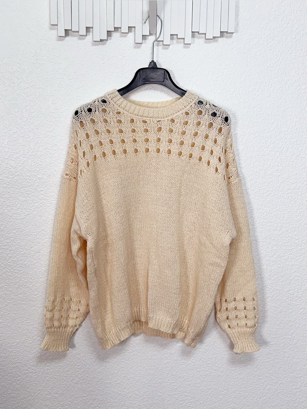 Miss Sparkling Cream Open Knit Eyelet Crew Neck Relaxed Pullover Sweater NWOT
